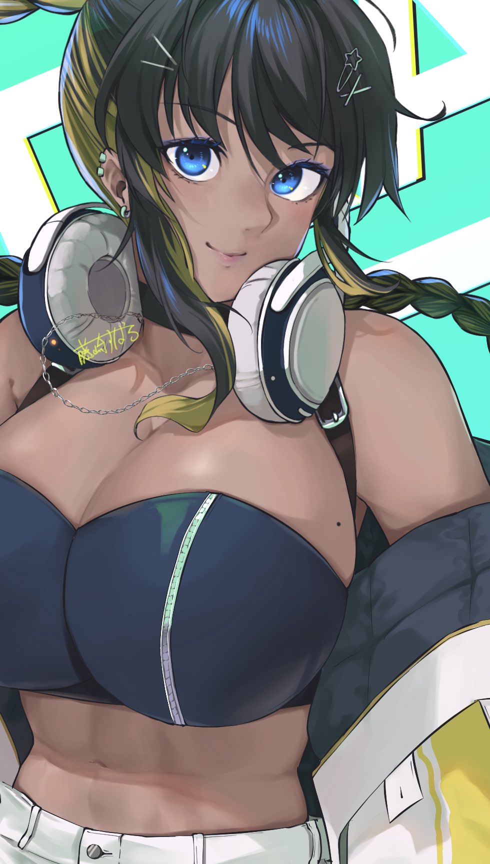 1girl, belt, blue_eyes, breasts, crop_top, dark-skinned_female, dark_skin, denim