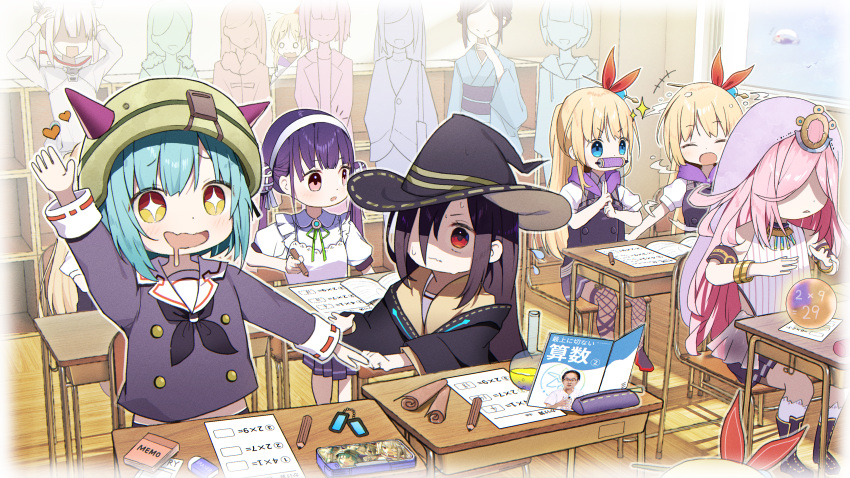 +++, +_+, 6+girls, absurdres, aged_down, asymmetrical_bangs, black_neckerchief, black_robe