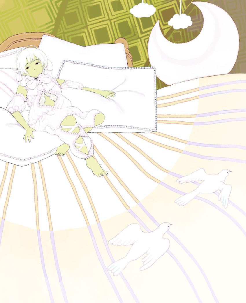 1girl, absurdres, barefoot, bed, bird, bow, bowtie, closed_mouth