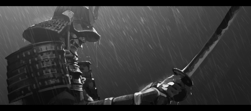 1other, absurdres, armor, axelsauerwald, backlighting, covered_face, greyscale, hands_up