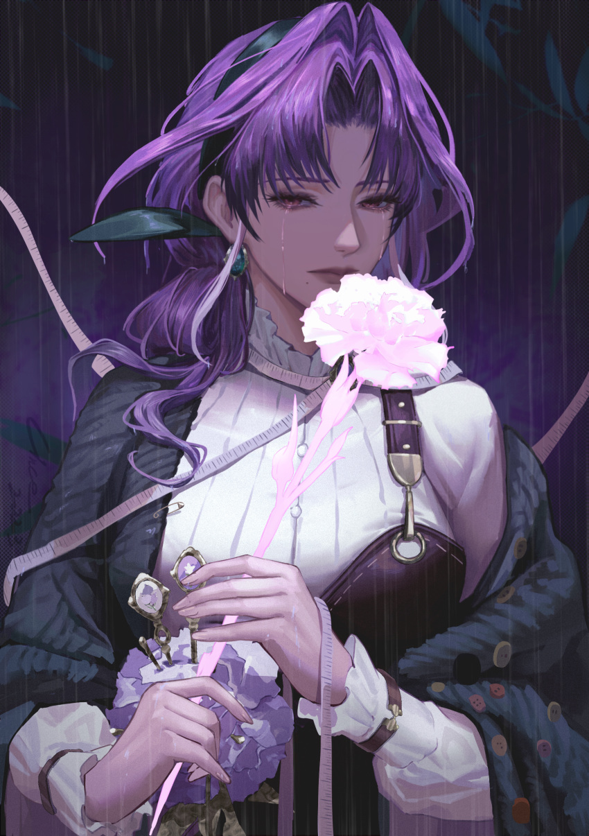1girl, absurdres, black_cardigan, black_hairband, brown_overalls, cardigan, carnation, chinese_commentary, commentary, crying, crying_with_eyes_open, dangle_earrings, dated, earrings, eyeliner, flower, garofano_(path_to_nowhere), gem, glowing_flower, green_gemstone, hair_intakes, hair_ornament, hairband, hairpin, half-closed_eyes, highres, holding, holding_flower, jewelry, linceyang, lips, long_hair, looking_at_viewer, makeup, mole, mole_under_mouth, overalls, parted_bangs, path_to_nowhere, pink_flower, purple_flower, purple_hair, rain, red_eyes, sad, shirt, sideways_glance, signature, single_off_shoulder, solo, streaming_tears, striped_clothes, striped_shirt, tape_measure, tears, upper_body, vertical-striped_clothes, vertical-striped_shirt, wet, white_shirt