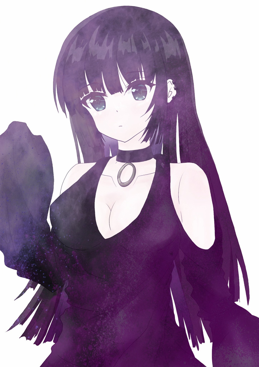 1girl, amanotti_01, bare_shoulders, black_choker, black_dress, black_eyes, black_hair, black_sleeves, blue_hair, blunt_bangs, bocchi_the_rock!, choker, collarbone, colored_inner_hair, detached_sleeves, dress, gothic, hand_up, highres, hime_cut, long_hair, looking_at_viewer, mouth_piercing, multicolored_hair, open_mouth, pa-san, simple_background, sleeveless, sleeveless_dress, sleeves_past_fingers, sleeves_past_wrists, solo, straight_hair, upper_body, very_long_hair, white_background