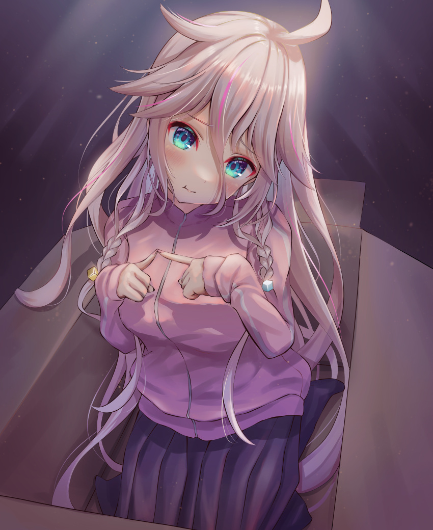 1girl, absurdres, ahoge, alternate_costume, blue_eyes, bocchi_the_rock!, box, braid