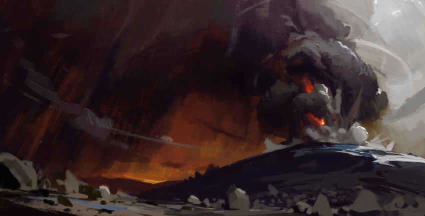 absurdres, axelsauerwald, boulder, brush_stroke, clouds, day, dust_cloud, eruption, from_below, glowing, highres, lava, no_humans, original, outdoors, painterly, rock, scenery, smoke, volcanic_ash, volcano