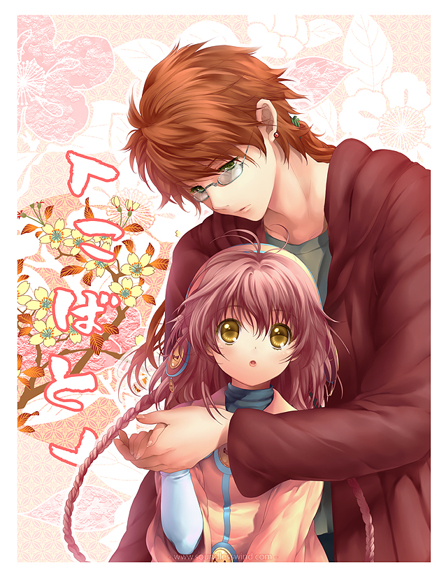 1girl, braid, brown_hair, couple, flower, fujimoto_kiyokazu, glasses, green_eyes