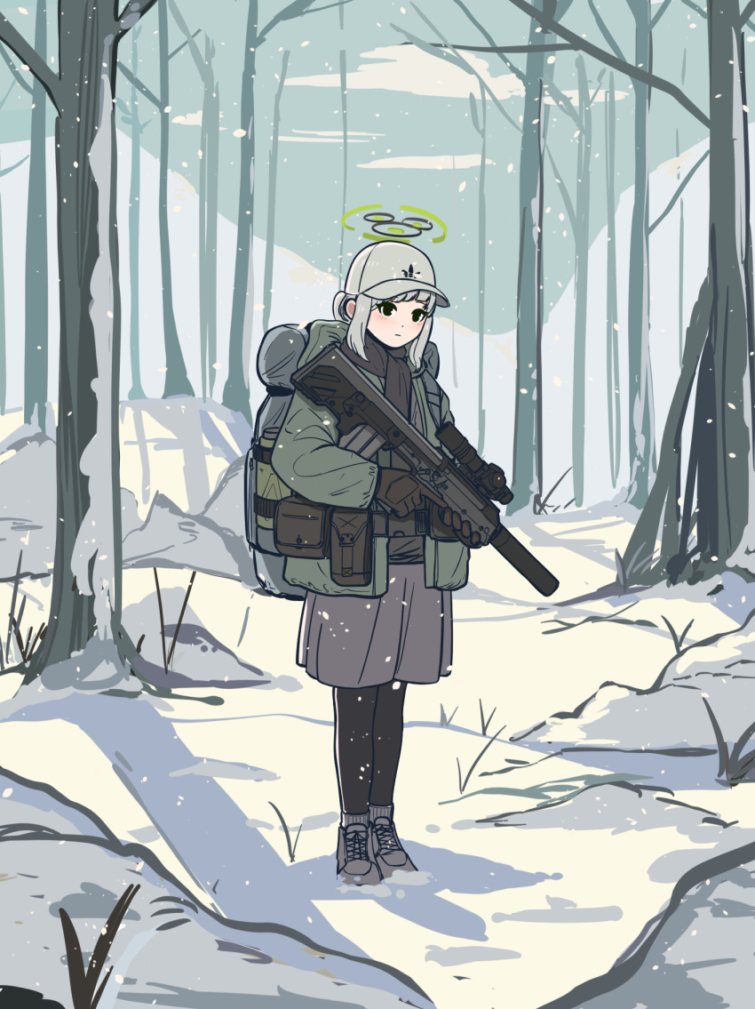 1girl, bare_tree, baseball_cap, belt, belt_pouch, black_pantyhose, black_scarf, blue_archive, blush, brown_gloves, bullpup, coat, commentary_request, day, forest, full_body, gloves, green_coat, green_halo, gun, halo, hare_(blue_archive), hare_(camp)_(blue_archive), hat, highres, holding, holding_gun, holding_weapon, kel-tec_rfb, long_sleeves, nature, pantyhose, parabellum, pouch, rifle, scarf, skirt, snow, solo, standing, tree, weapon, winter, winter_clothes, winter_coat