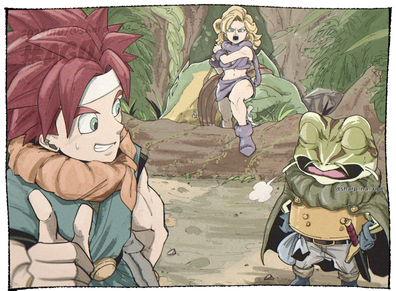 1girl, 2boys, ayla_(chrono_trigger), blonde_hair, blue_eyes, blue_tunic, boots, border