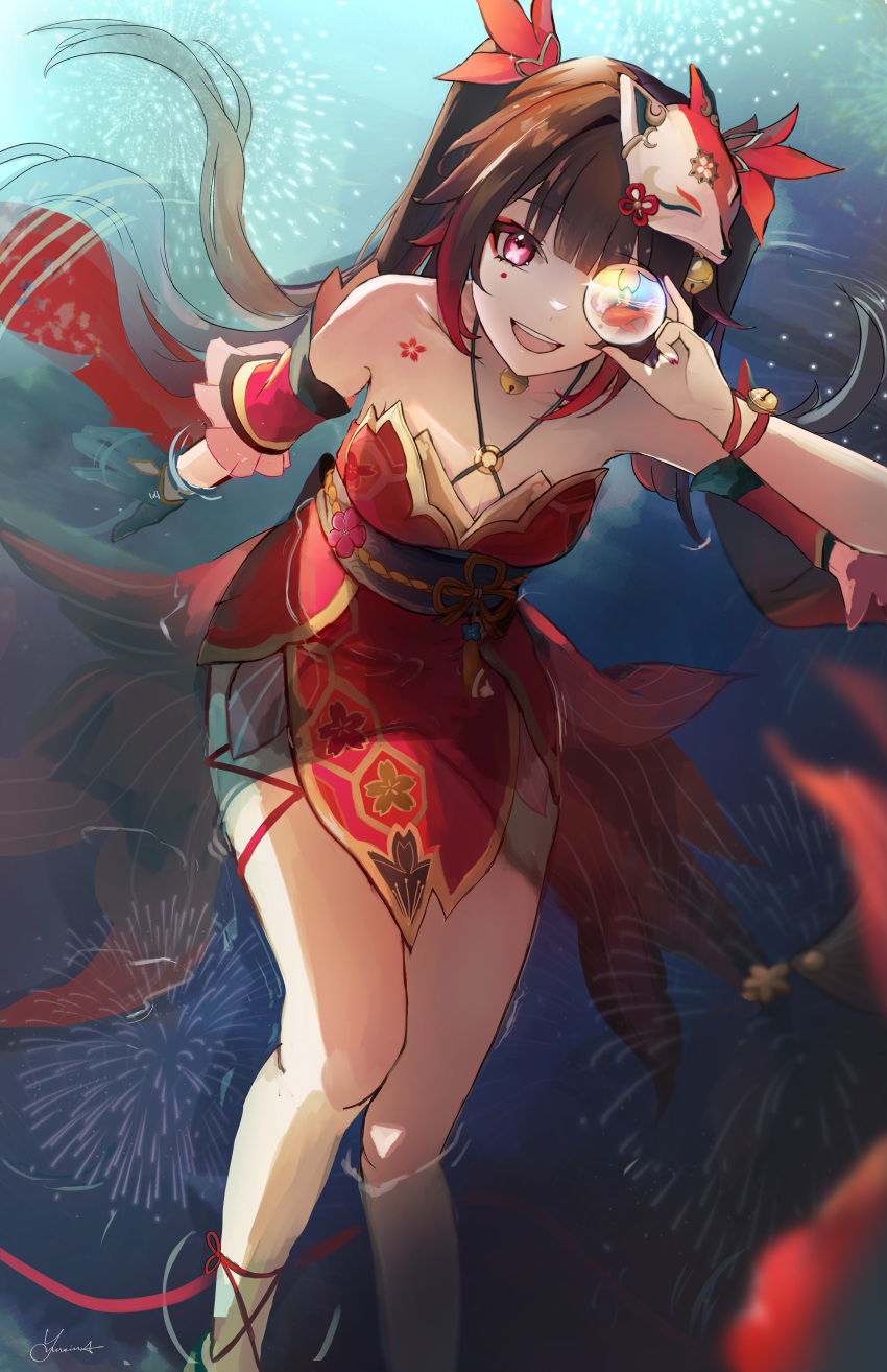 1girl, :d, absurdres, bare_shoulders, bell, black_gloves, black_hair, butterfly-shaped_pupils