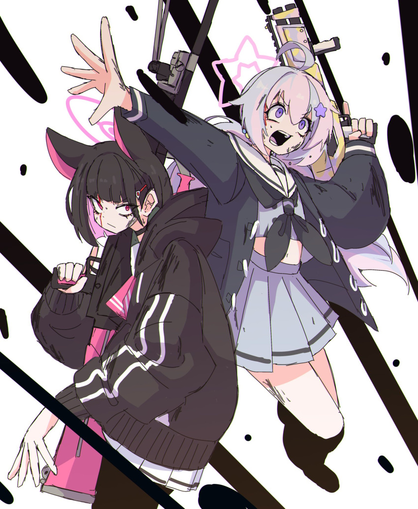 2girls, ahoge, animal_ears, black_choker, black_hair, black_jacket, black_neckerchief, black_pantyhose, blood, blood_on_face, blue_archive, blue_hair, bren_lmg, bruise, bruise_on_face, bruise_on_leg, cat_ears, choker, closed_mouth, colored_inner_hair, dr_yamero, grey_skirt, gun, hair_ornament, hairclip, halo, highres, holding, holding_weapon, hood, hooded_jacket, injury, jacket, kazusa_(blue_archive), light_blue_hair, light_machine_gun, long_hair, medium_hair, midriff, miniskirt, multicolored_hair, multiple_girls, navel, neckerchief, open_mouth, pantyhose, pink_eyes, pink_hair, pink_halo, pink_negligee, pleated_skirt, reisa_(blue_archive), sailor_collar, skirt, standard_manufacturing_dp-12, star_(symbol), star_hair_ornament, star_halo, twintails, very_long_hair, violet_eyes, weapon, white_sailor_collar, white_skirt