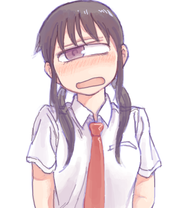 1girl, bad_drawr_id, bad_id, bare_arms, black_hair, blush, character_request, collared_shirt