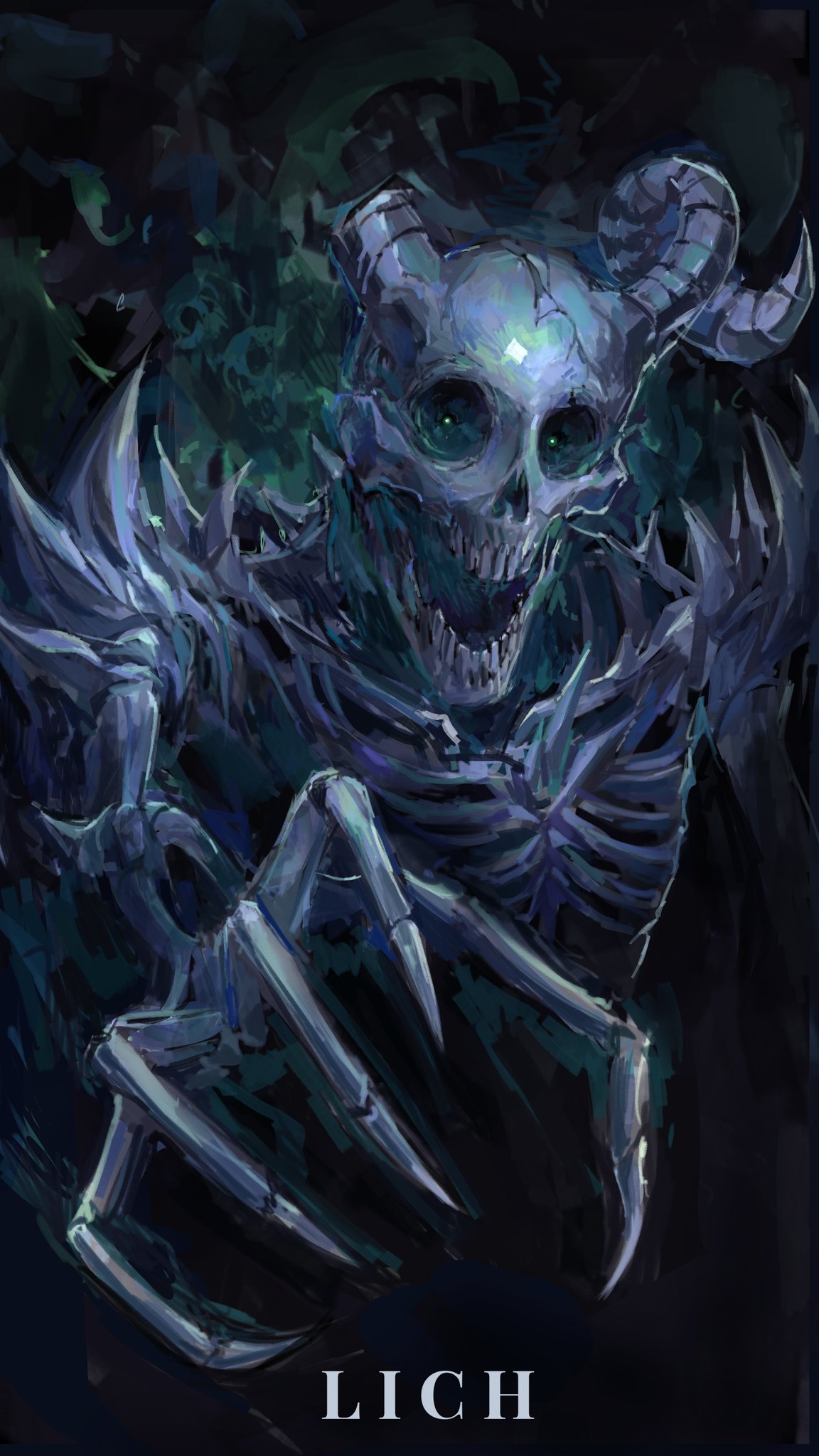 1other, bone, bone_horns, claws, commentary, dark_background, glowing, glowing_eyes, green_eyes, highres, horns, lich, monster, nameno92372763, open_mouth, original, reaching, reaching_towards_viewer, ribs, skeleton, skull, solo, undead, upper_body