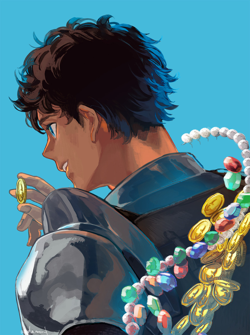 1boy, armor, black_hair, blue_background, blue_eyes, blue_gemstone, blurry, bug