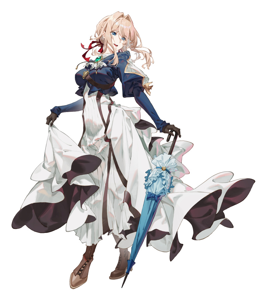 1girl, absurdres, ascot, between_breasts, black_gloves, blonde_hair, blue_jacket, boots