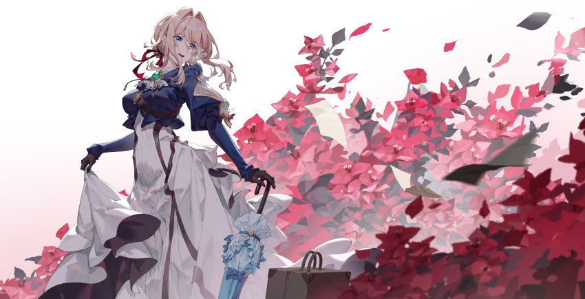 1girl, absurdres, ascot, between_breasts, black_gloves, blonde_hair, blue_eyes, blue_jacket