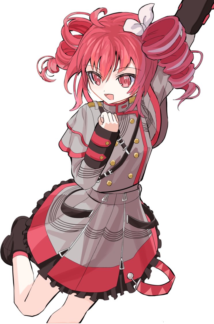 1girl, ahoge, arm_up, bow, brown_footwear, buttons, clenched_hand, double-breasted
