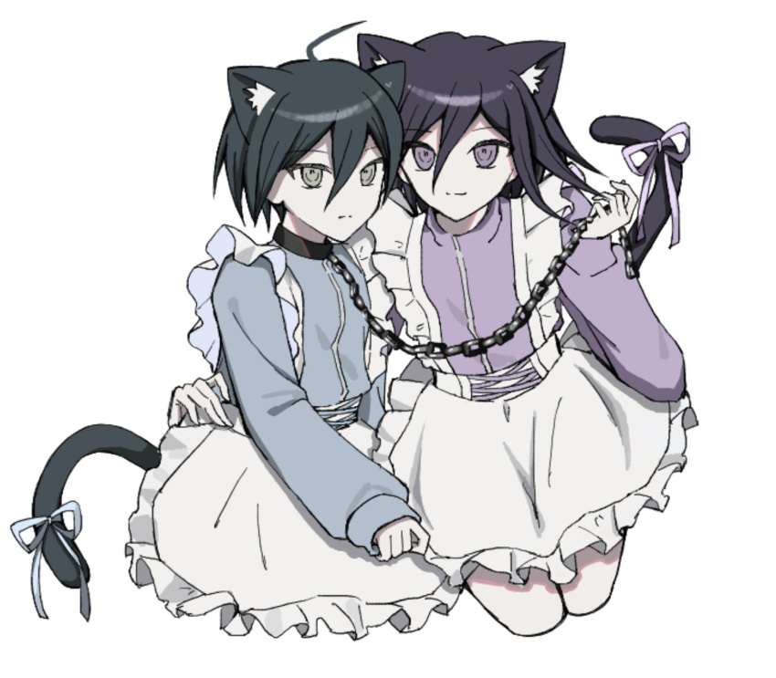 2boys, ahoge, animal_collar, animal_ears, apron, black_hair, cat_ears, cat_tail