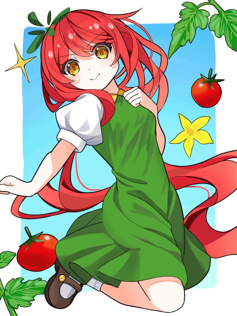 1girl, blue_background, border, brown_footwear, dress, flower, green_dress, hand_on_own_chest