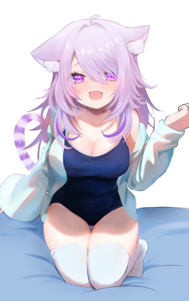 1girl, ahoge, animal_ear_fluff, animal_ears, blush, breasts, cat_ears, cat_girl