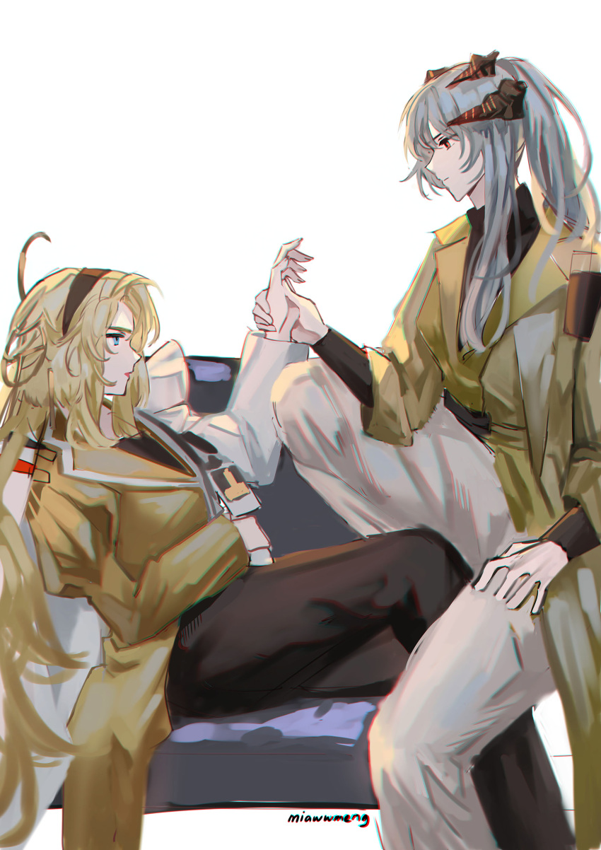 2girls, absurdres, animal_ears, arknights, artist_name, black_hairband, blonde_hair, blue_eyes