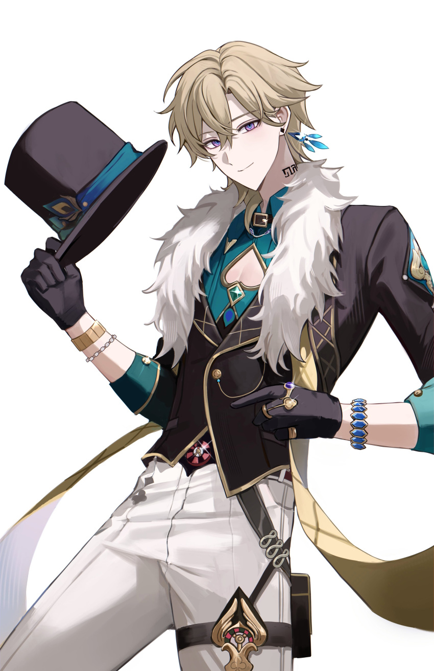 1boy, absurdres, aqua_shirt, aventurine_(honkai:_star_rail), black_gloves, black_jacket, blonde_hair, bracelet