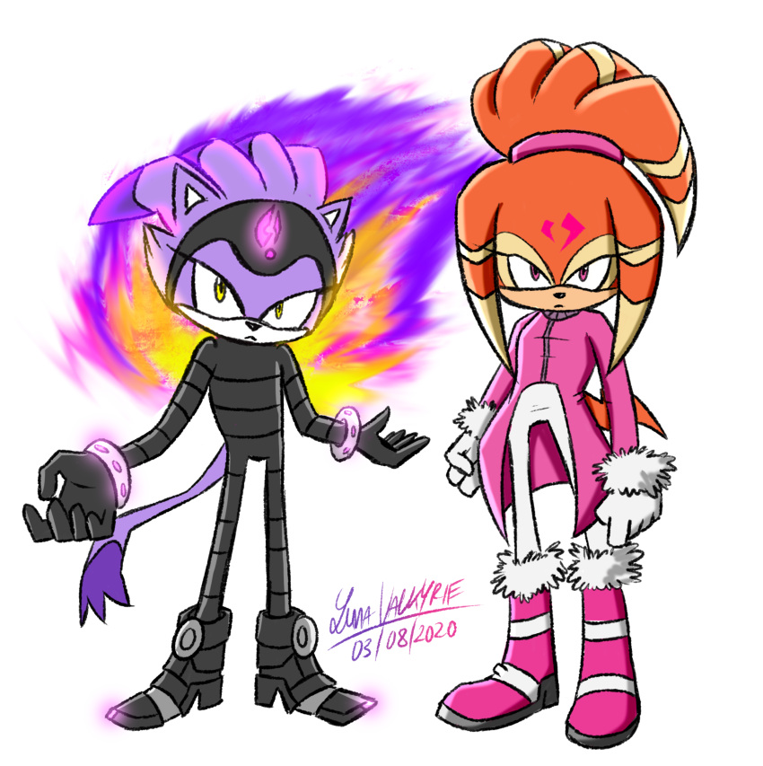 2girls, absurdres, alternate_color, alternate_costume, alternate_hairstyle, aura, blaze_the_cat, blaze_the_cat_(cosplay)