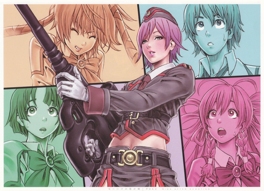 green_eyes, gun, hat, highres, lips, lipstick, midriff, mishiro_akatsuki