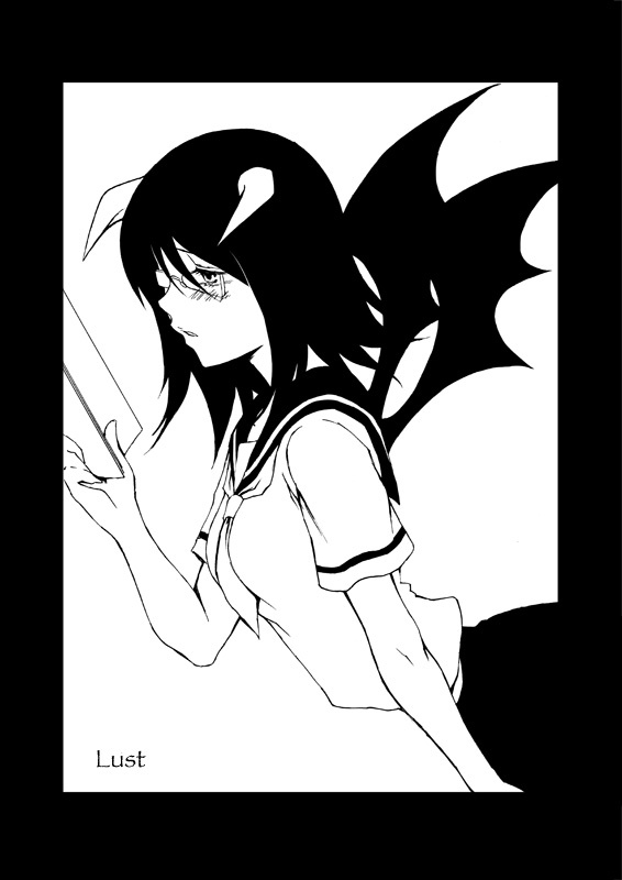black_hair, blush, book, dark_persona, evil, fujiyoshi_harumi, glasses, horns
