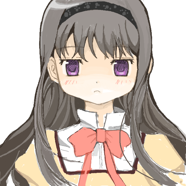 1girl, akemi_homura, bad_drawr_id, bad_id, black_hairband, bow, bowtie, close-up
