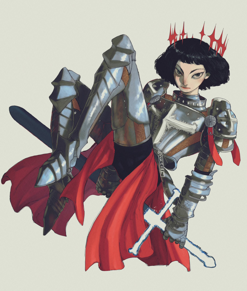 1girl, al_sahim, armor, black_hair, floating_crown, gauntlets, highres, holding