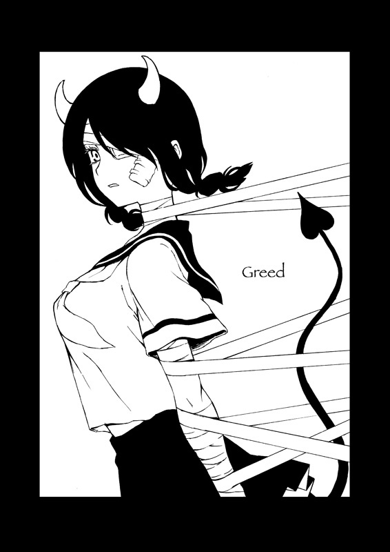 bandages, black_hair, braid, dark_persona, demon, demon_girl, demon_tail, evil, eyepatch, greed, horns, kobushi_abiru, monochrome, profile, sayonara_zetsubou_sensei, school_uniform, serafuku, seven_deadly_sins, shanghai_man, short_hair, simple_background, skirt, solo, tail, twin_braids, twintails