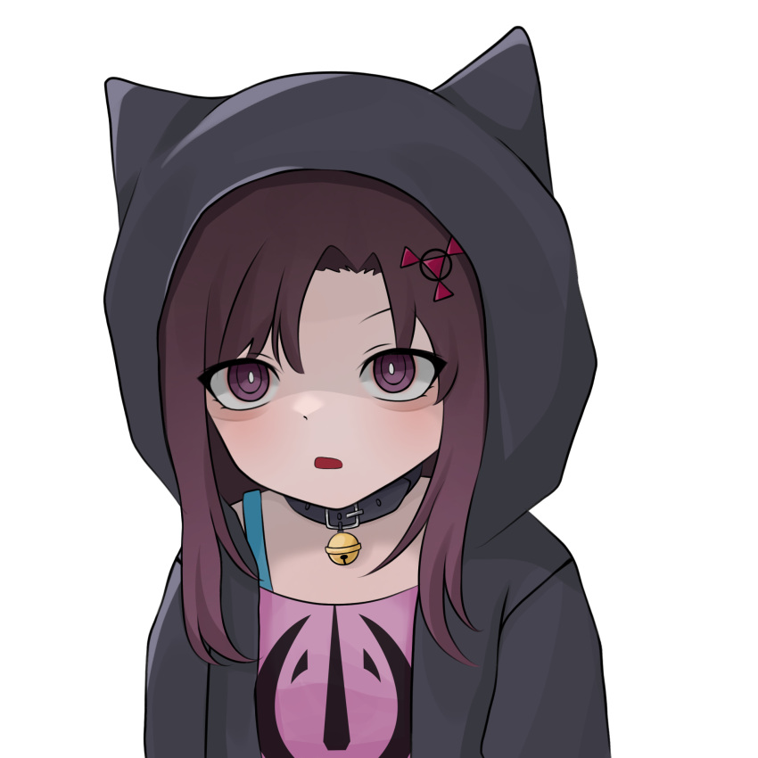 1girl, angry, bell, belt, belt_choker, black_jacket, breasts, brown_hair