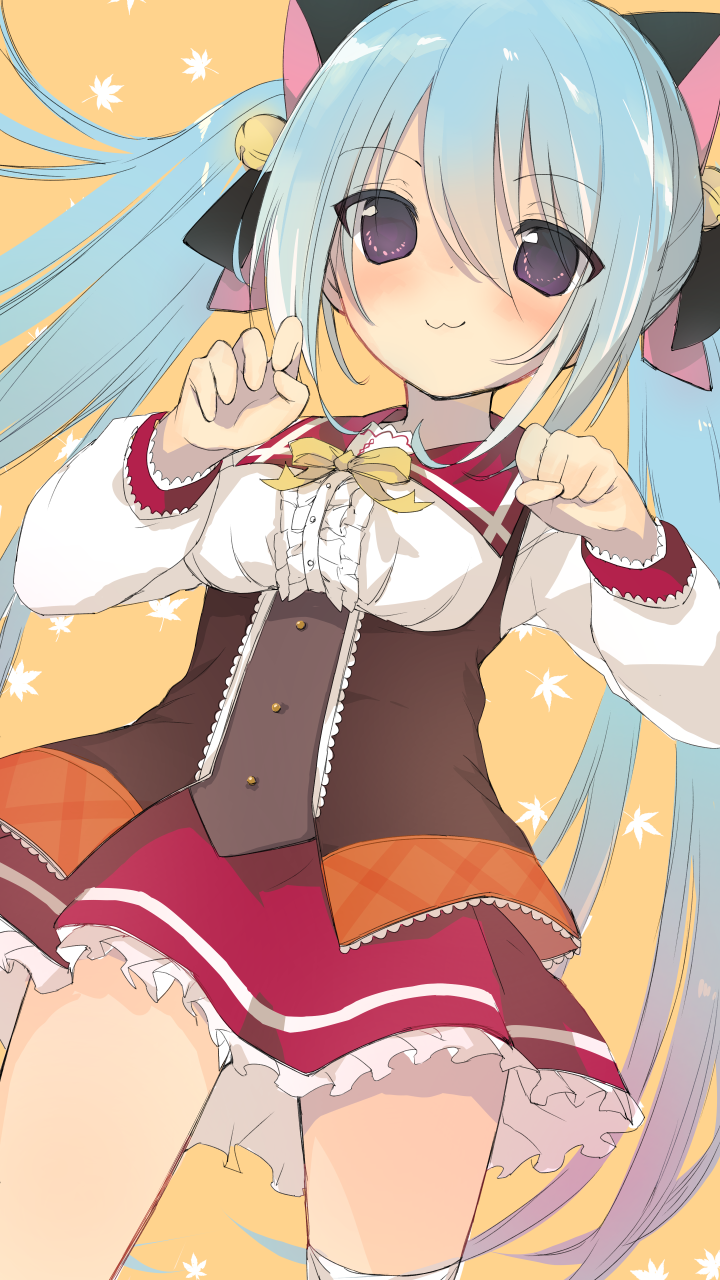 1girl, :3, akiyume_kukuru, animal_ears, bell, black_ribbon, blue_hair, blush