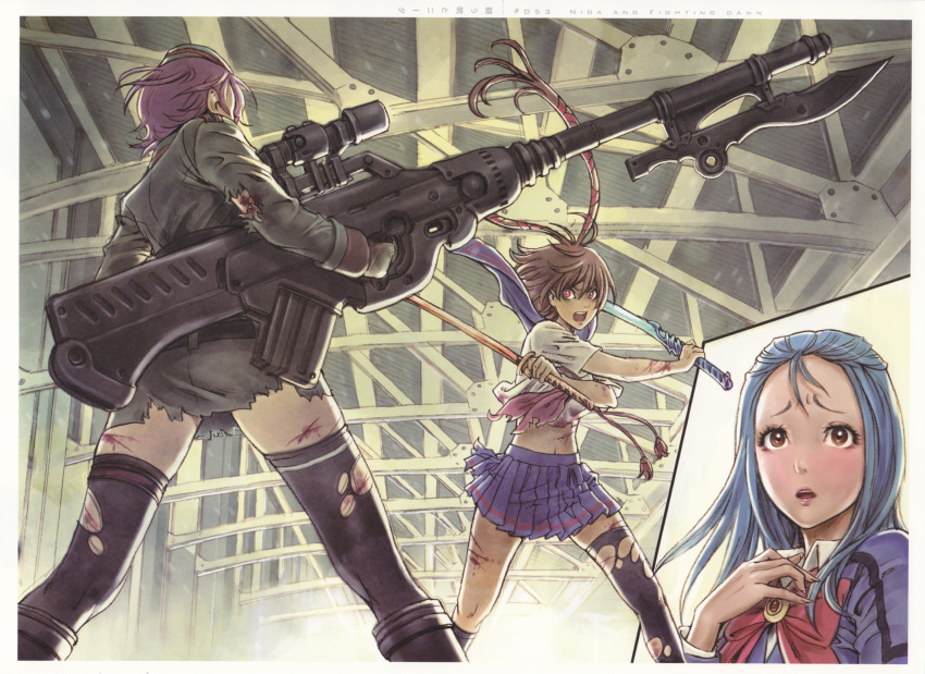 blood, blue_hair, brown_eyes, brown_hair, cuts, dual_wielding, gun, hat