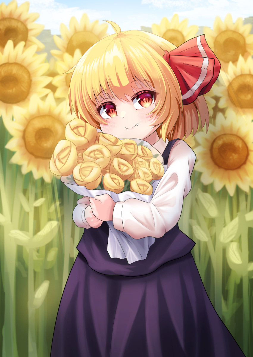 1girl, black_skirt, black_vest, blonde_hair, bouquet, fang, flower, hair_ribbon
