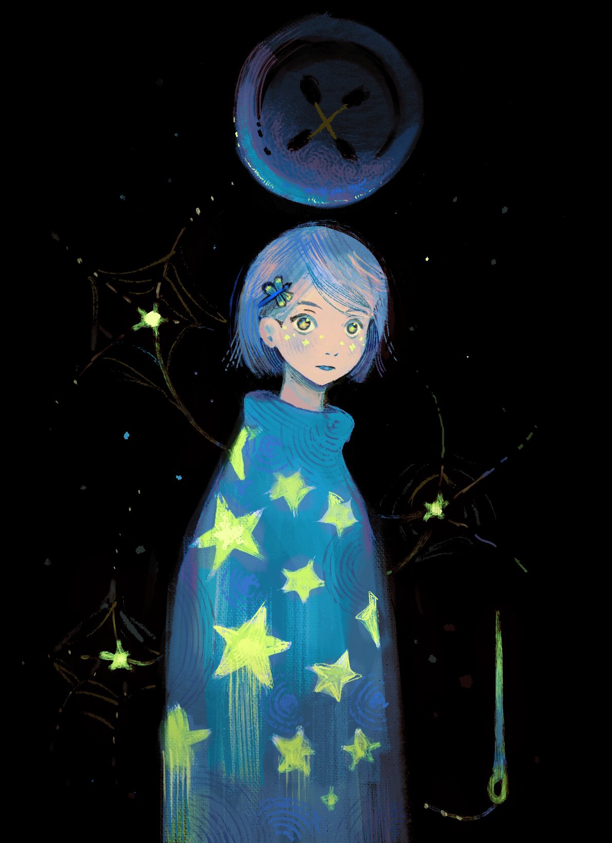 +_+, birdfrogdraws, blue_eyes, blue_hair, blue_sweater, caroline_jones, copyright_request, dark_background, highres, short_hair, star_(symbol), sweater, tagme