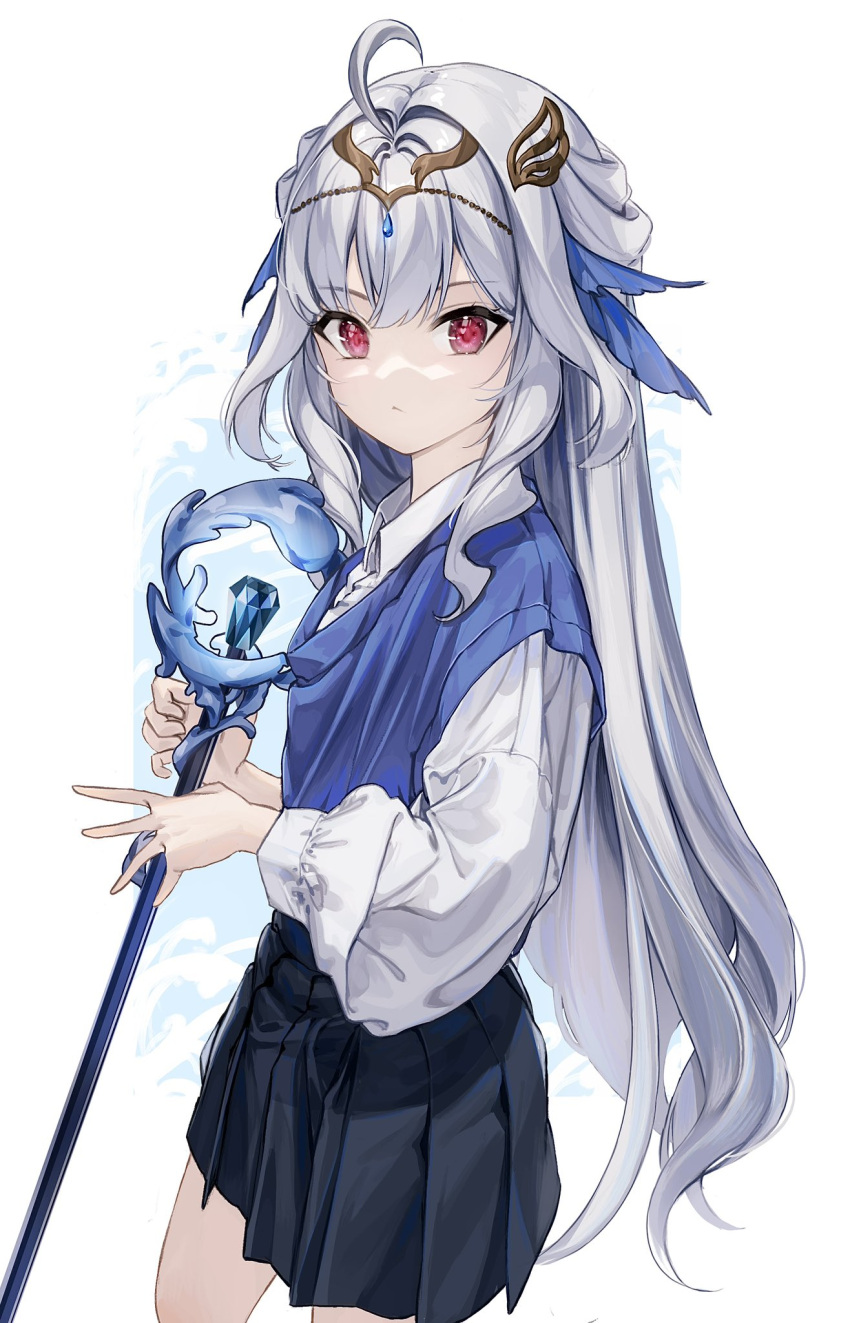 ahoge, black_skirt, blue_sweater_vest, chinese_commentary, closed_mouth, collared_shirt, commentary_request, from_side, hair_intakes, hair_ornament, highres, holding, holding_wand, long_hair, long_sleeves, looking_at_viewer, medium_skirt, pleated_skirt, red_eyes, reverie_(vtuber_group), robetta_(reverie), shirt, shizaoqian, skirt, sweater_vest, turning_head, upper_body, very_long_hair, wand, white_hair, white_shirt