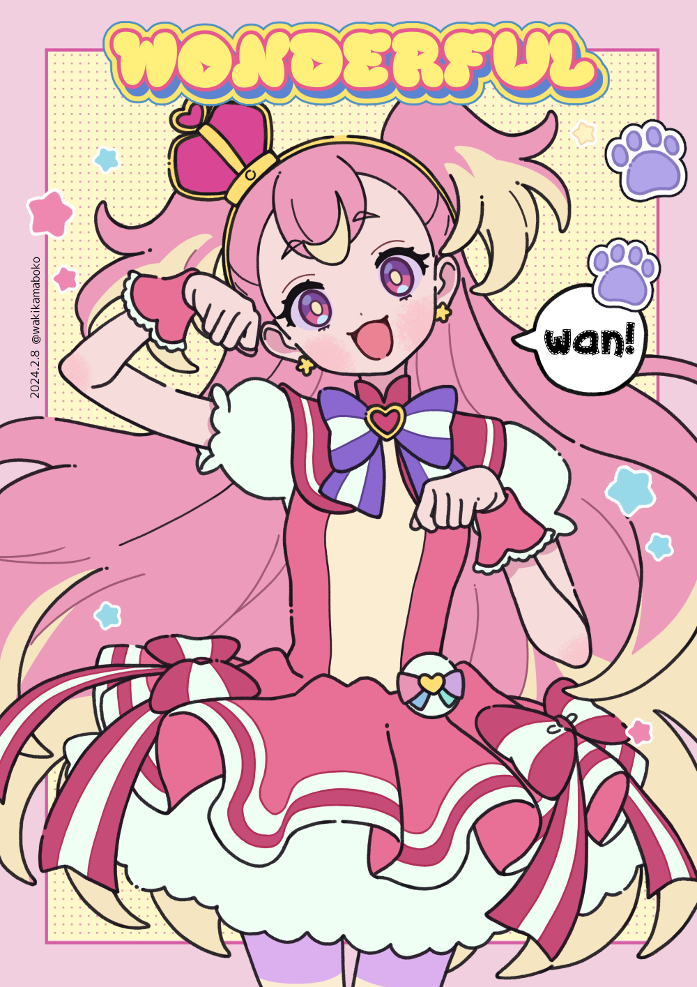 1girl, :d, blonde_hair, bow, commentary, crown, cure_wonderful, dated