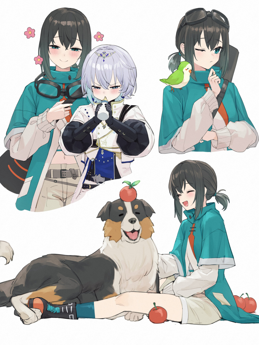 2girls, absurdres, animal_on_shoulder, apple, apple_on_head, baby_bottle, belt, bird