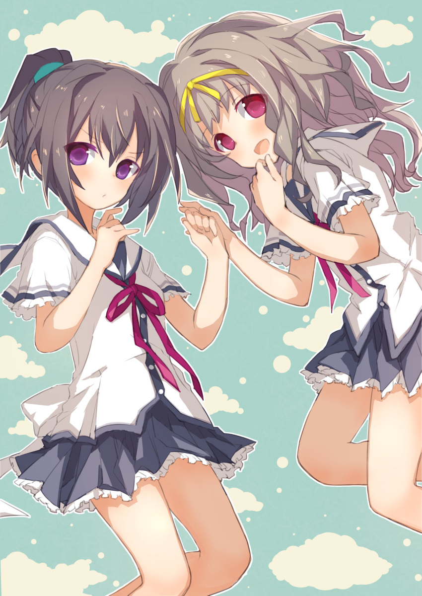 2girls, :d, aqua_background, black_hair, black_skirt, blush, commentary_request, frilled_skirt