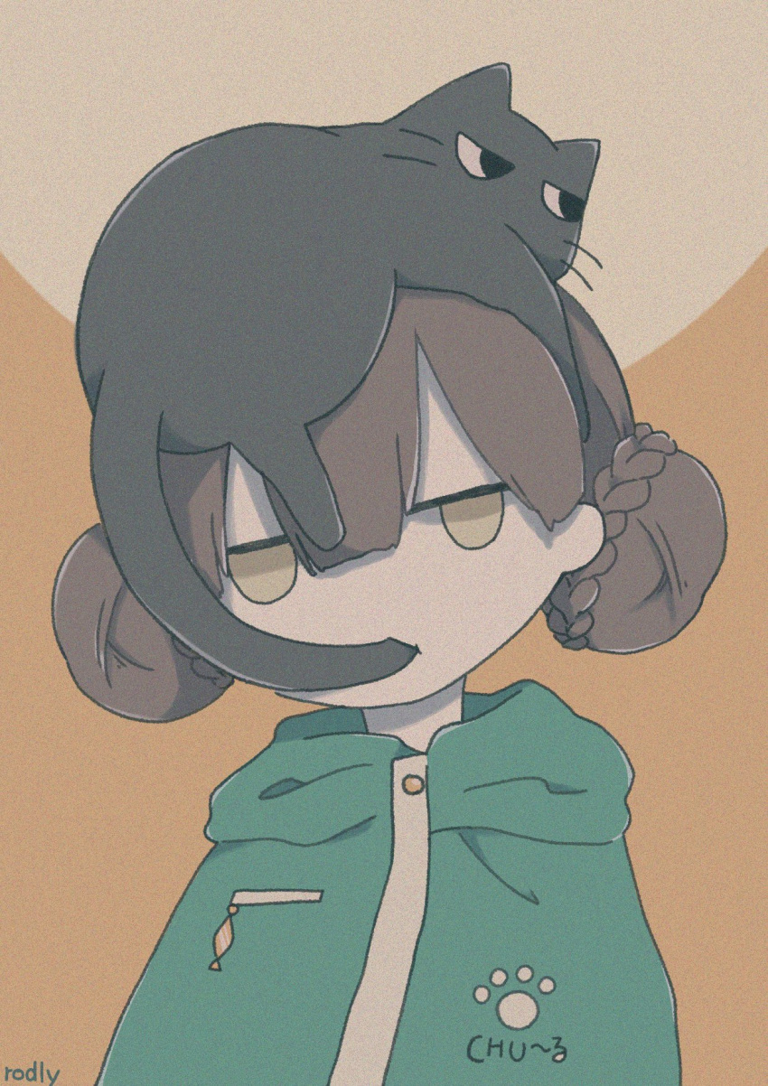 1girl, animal, animal_on_head, biting, black_cat, braid, braided_bun, brown_background
