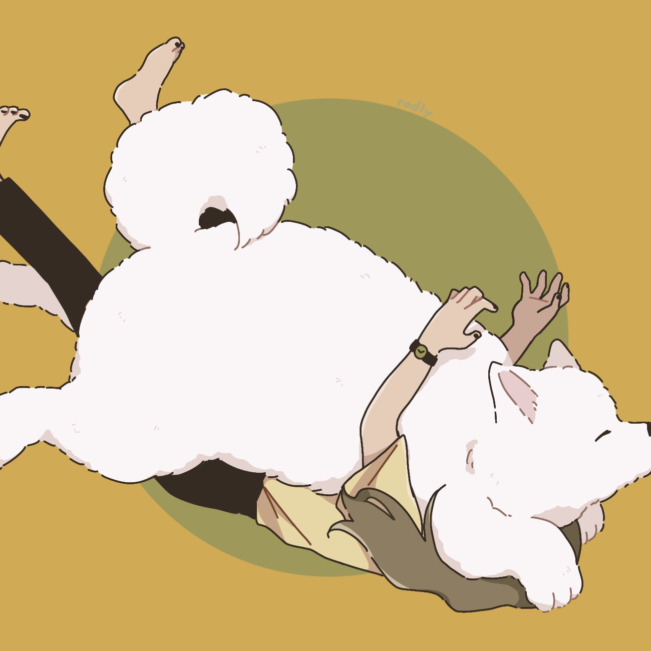 1girl, affectionate, animal, arms_up, barefoot, black_nails, black_pants, brown_hair