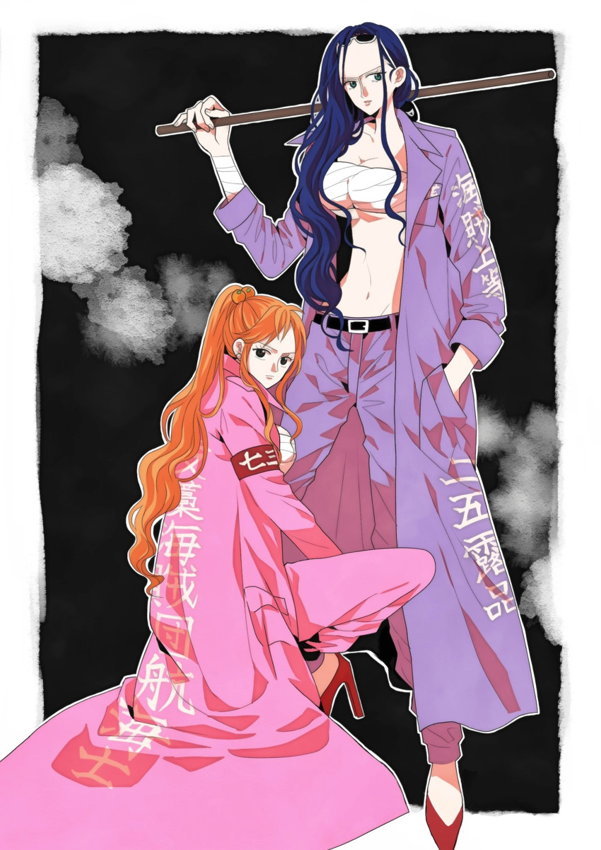2girls, armband, bandaged_chest, belt, blue_eyes, blue_hair, coat, commentary_request, eyewear_on_head, hand_in_pocket, high_heels, highres, long_coat, looking_at_viewer, looking_back, mayo_may63, multiple_girls, nami_(one_piece), nico_robin, one_piece, orange_hair, pants, pink_coat, ponytail, purple_coat, purple_pants, red_footwear, squatting