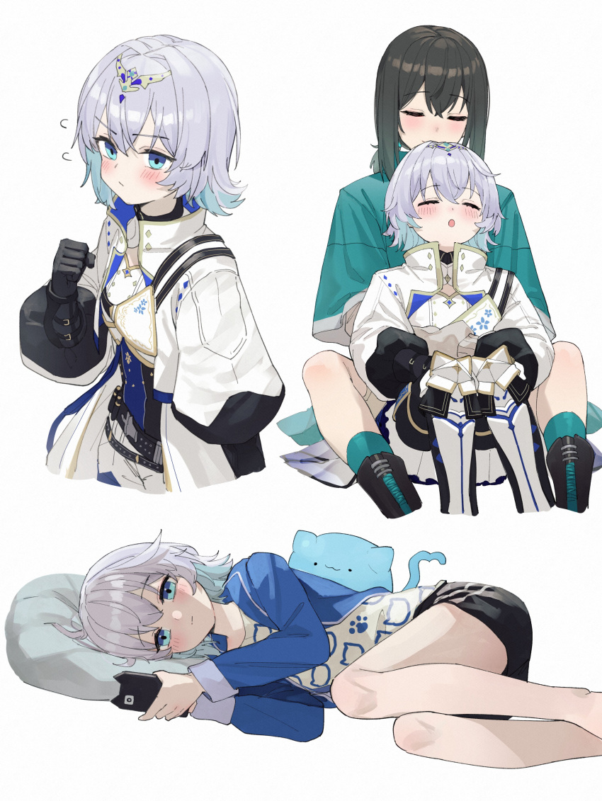 2girls, absurdres, armored_boots, bird, black_footwear, black_gloves, blue_socks, blush