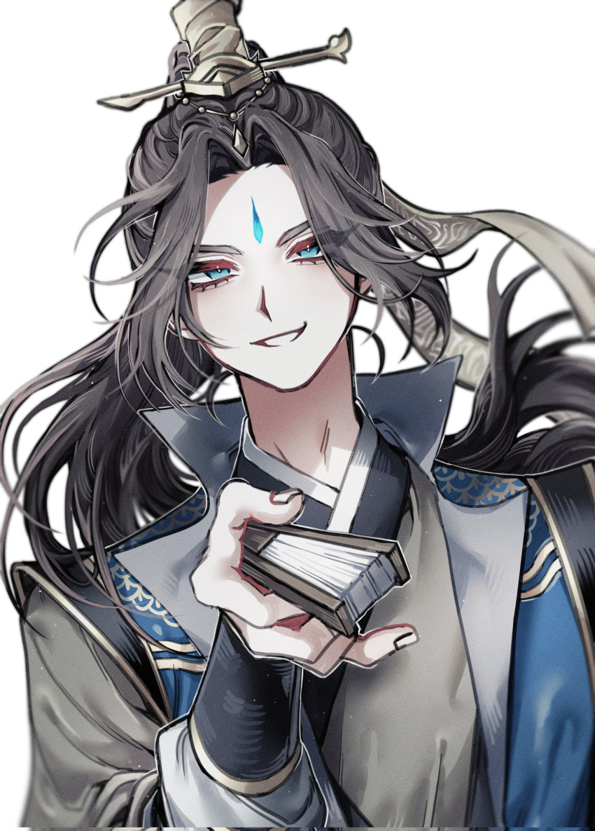 1boy, bisu_(hw3op), blue_coat, blue_eyes, blurry, brown_hair, brown_hanfu, chinese_clothes