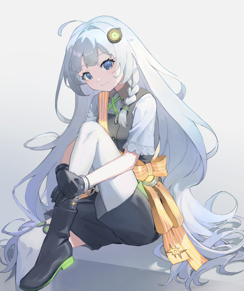 1girl, a.i._voice, absurdres, ahoge, black_footwear, black_gloves, black_shorts, blue_eyes