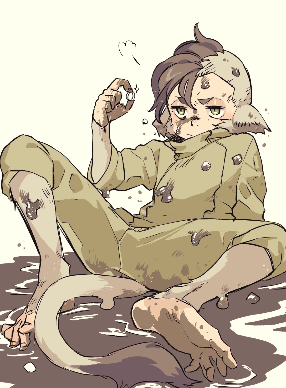 1boy, animal_ears, barefoot, body_fur, brown_eyes, brown_fur, brown_hair, brown_jacket, brown_pants, closed_mouth, dirty, dirty_clothes, dirty_face, dirty_feet, full_body, fur-tipped_tail, furrowed_brow, half-closed_eyes, hand_up, high_collar, highres, hitsuka_no_tsuki_miko, holding, holding_jewelry, holding_ring, jacket, jewelry, long_sleeves, looking_at_object, male_focus, mohawk, monkey_boy, monkey_ears, monkey_tail, monster_boy, mud, original, pants, puff_of_air, ring, short_hair, simple_background, sitting, solo, sparkle, spread_legs, tail, yellow_background