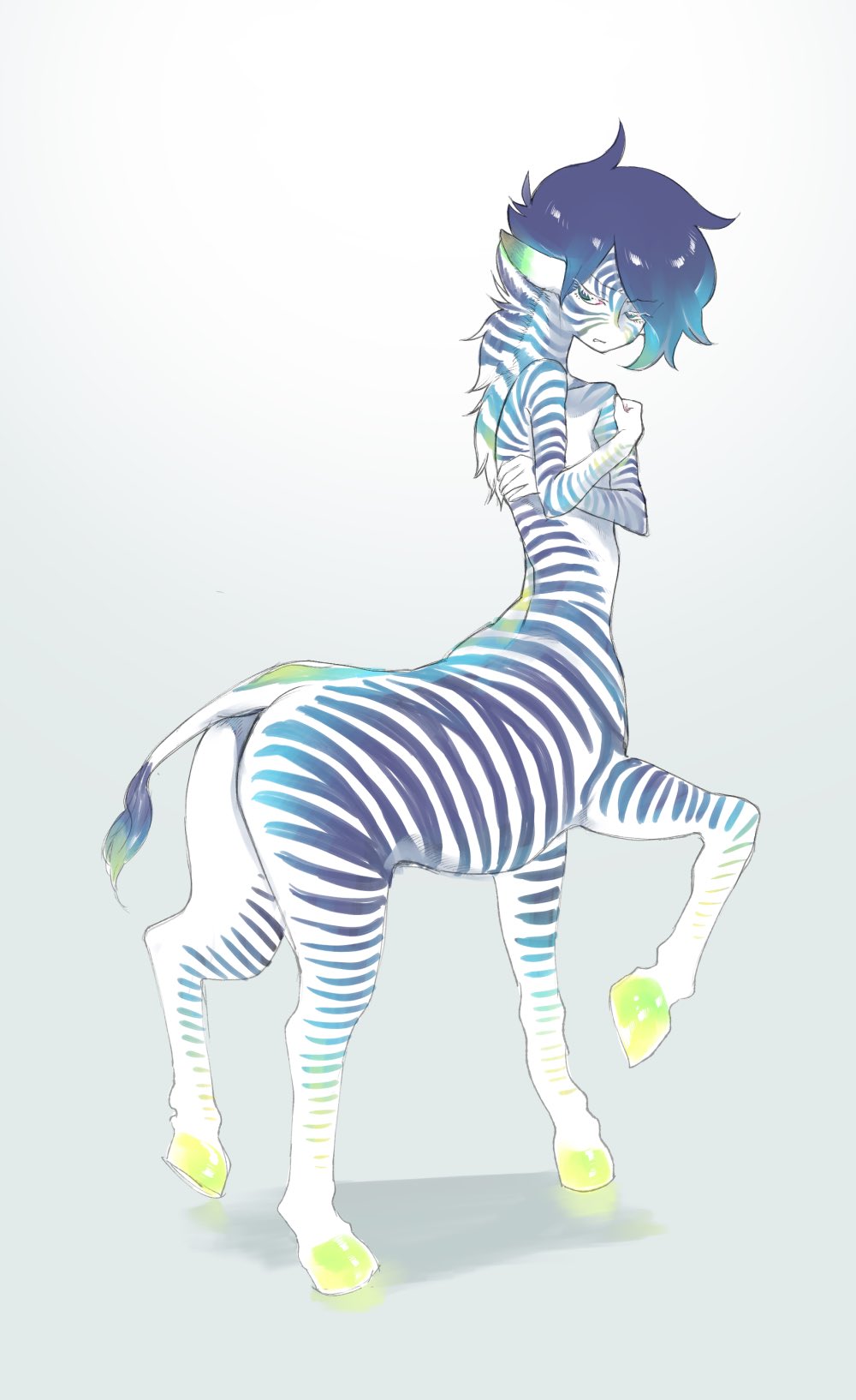 1boy, androgynous, animal_ears, blue_eyes, blue_hair, blue_skin, body_markings, centauroid
