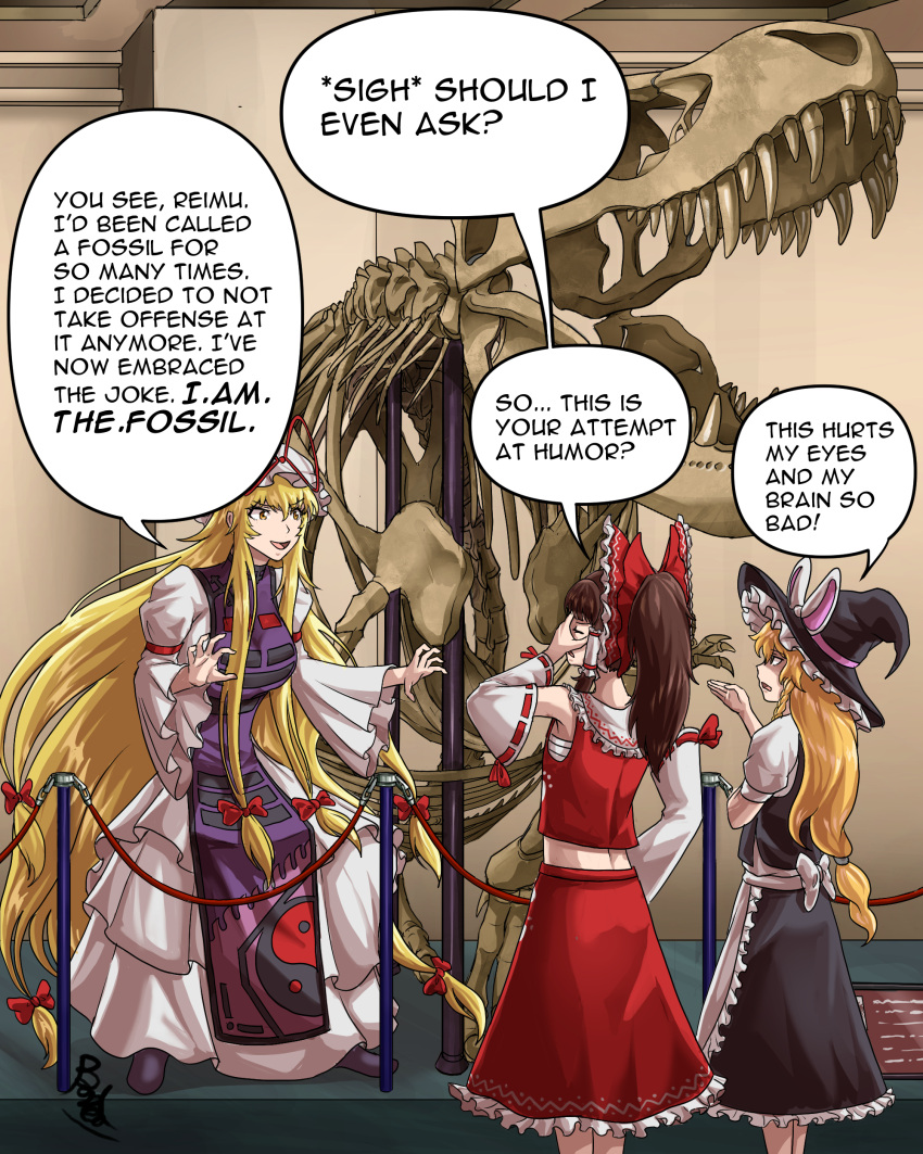 3girls, absurdly_long_hair, absurdres, alternate_hairstyle, apron, blonde_hair, bow, braid