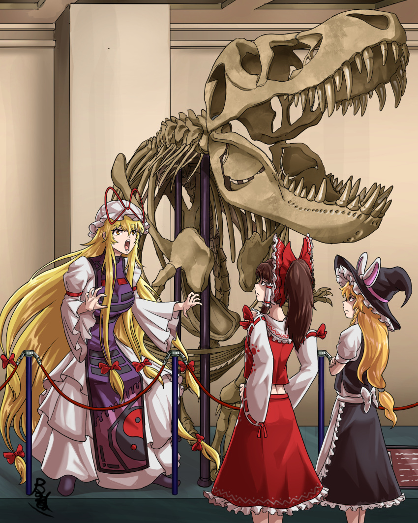 3girls, absurdly_long_hair, absurdres, alternate_hairstyle, apron, blonde_hair, bow, braid