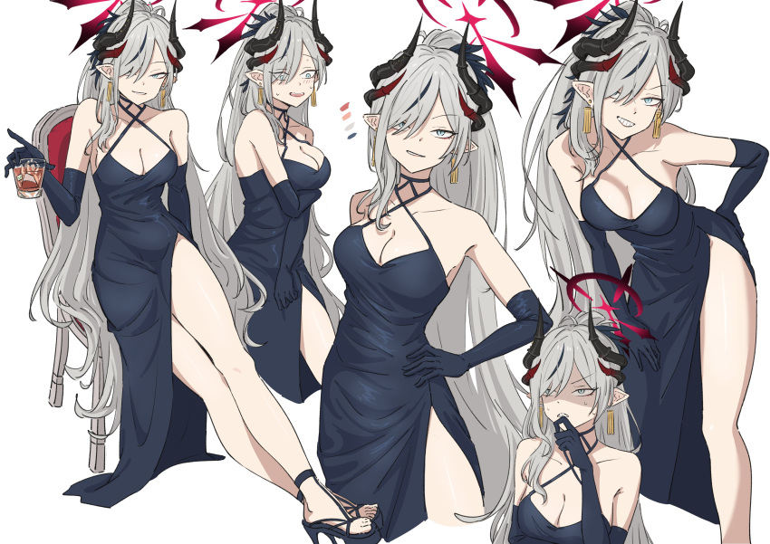 1girl, absurdres, blue_archive, blue_dress, breasts, dress, drink, earrings, elbow_gloves, gloves, grey_eyes, grey_hair, halo, high_heels, highres, horns, jewelry, makoto_(blue_archive), makoto_(dress)_(blue_archive), multiple_horns, poses, red_halo, simple_background, tinkie, white_background